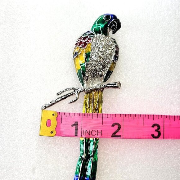 Huge Tropical Parrot Bird Blue Green Guilloche Enamel Rhinestones Brooch - Picture 6 of 16